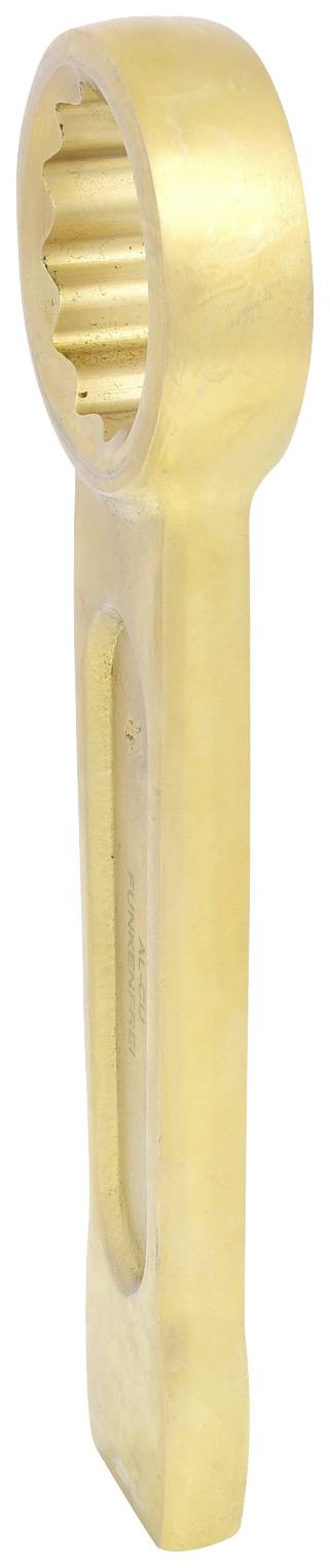 Ein goldfarbener, runder Schraubenschlüssel mit gezacktem Innenring und langem, robusten Griff.