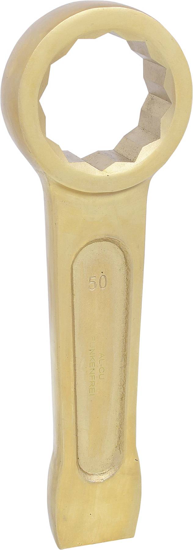 Ein großer goldener Ringschlüssel mit der Markierung '50' in der Mitte des Griffs.