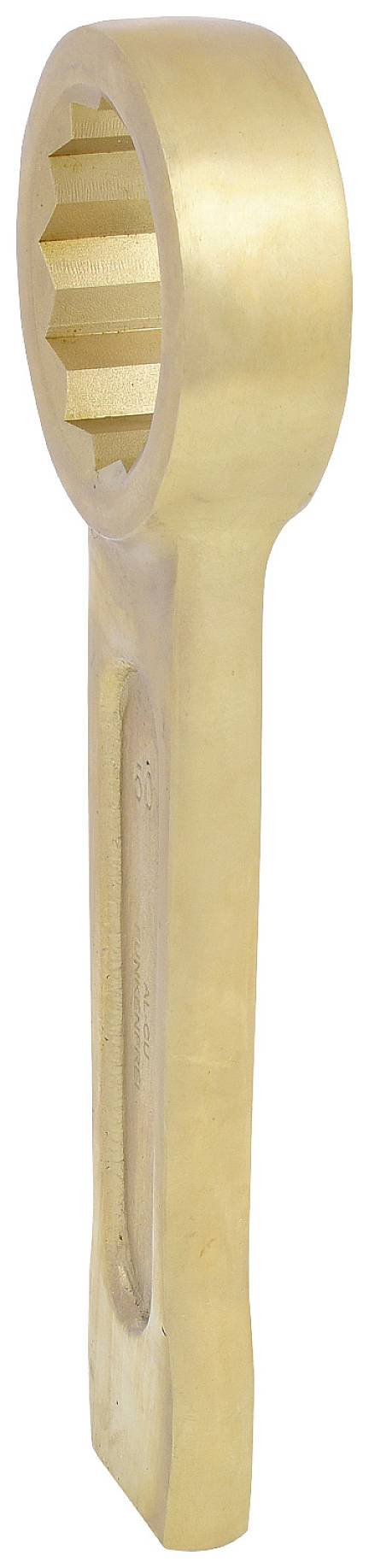 Ein großer goldener Schraubenschlüssel mit einem runden, gezahnten Kopf. Gezeigt in einer Seitenansicht auf weißem Hintergrund.