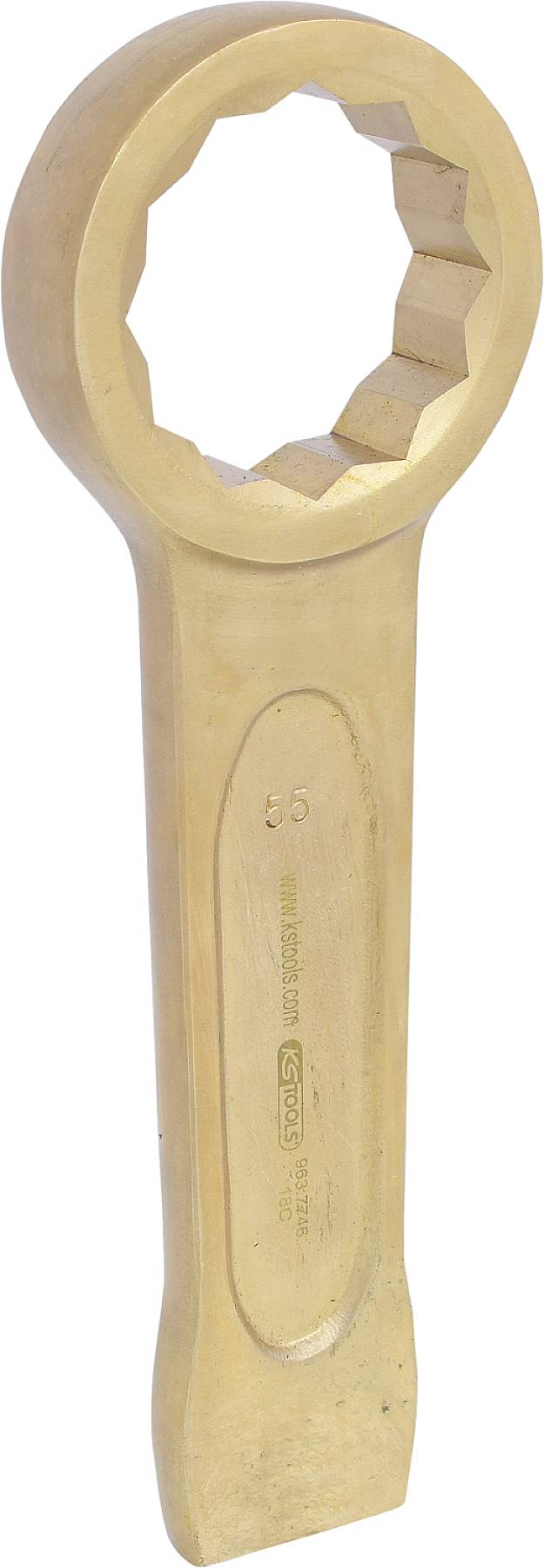 Ein großer, bronzener Ringschlüssel mit sechseckigem Innenprofil zur Handhabung von Schraubverbindungen.