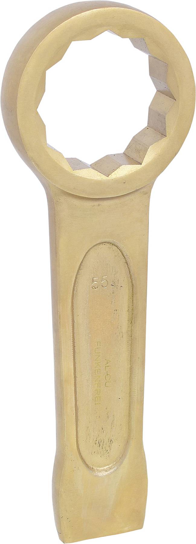 Messingfarbenes Ringschlüsselwerkzeug mit runder Form und gezahntem Innenrand, geeignet für spezialisierte technische Anwendungen.