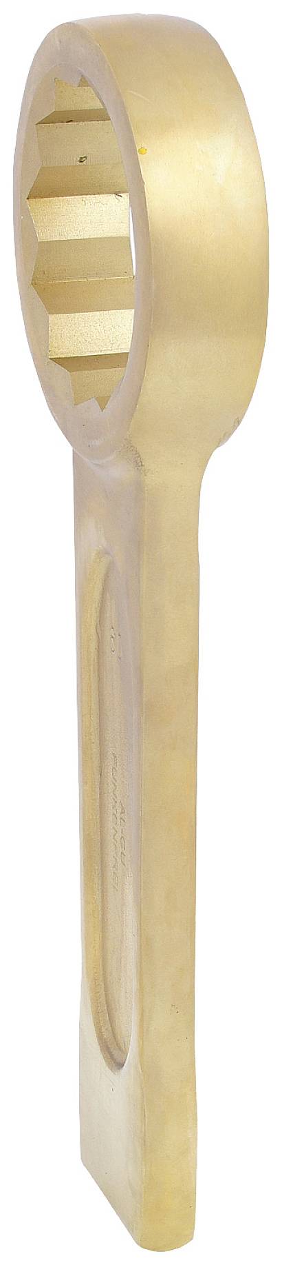 Goldfarbener Ringschlüssel in Seitenansicht, zeigt die sechskantige Öffnung. Hauptsächlich zur Befestigung und Lösung von Bolzen verwendet.