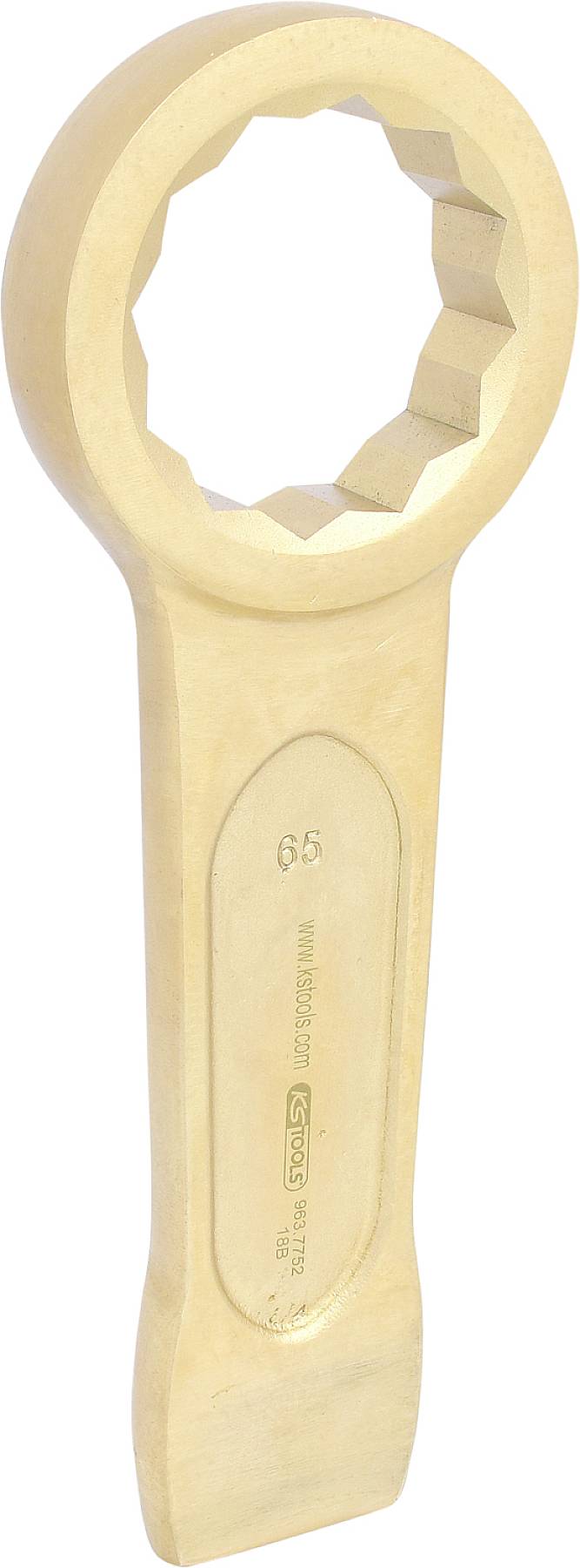 Ein goldfarbener Ringschlüssel mit runder Öffnung und Griff, möglicherweise aus Messing oder bronze-farbigem Metall gefertigt.
