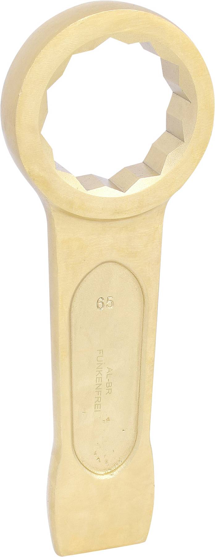 Ein bronzefarbener Ringschlüssel mit einer Sechskantöffnung, gravierter Zahl '65' und der Aufschrift 'Albr FUNKENFREI'.