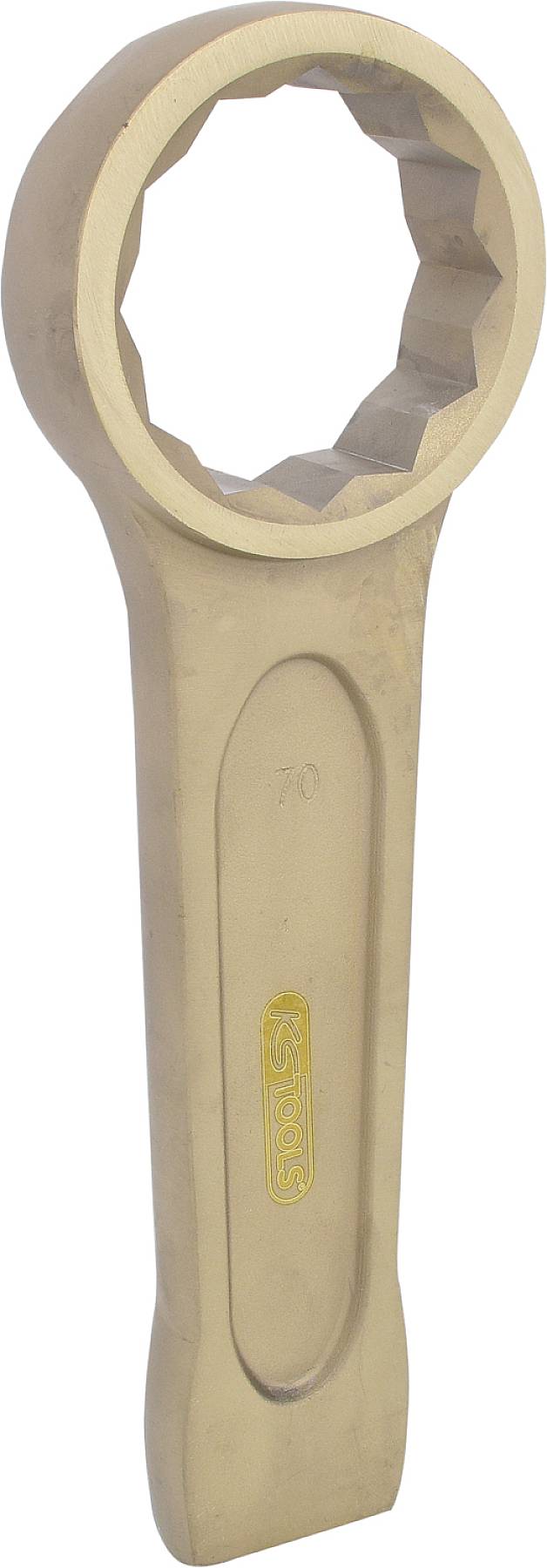 Ein großer, sechseckiger Schraubenschlüssel mit Griff, aus mattem, beigem Metall gefertigt. Geeignet für industrielle Anwendungen.