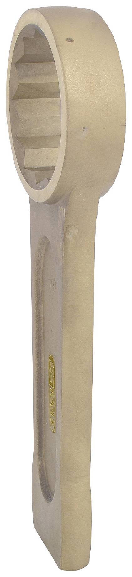 Ein großer Maulschlüssel aus Metall mit sechseckiger Öffnung. Das Werkzeug ist beige und hat einen langen Griff für besseren Halt.