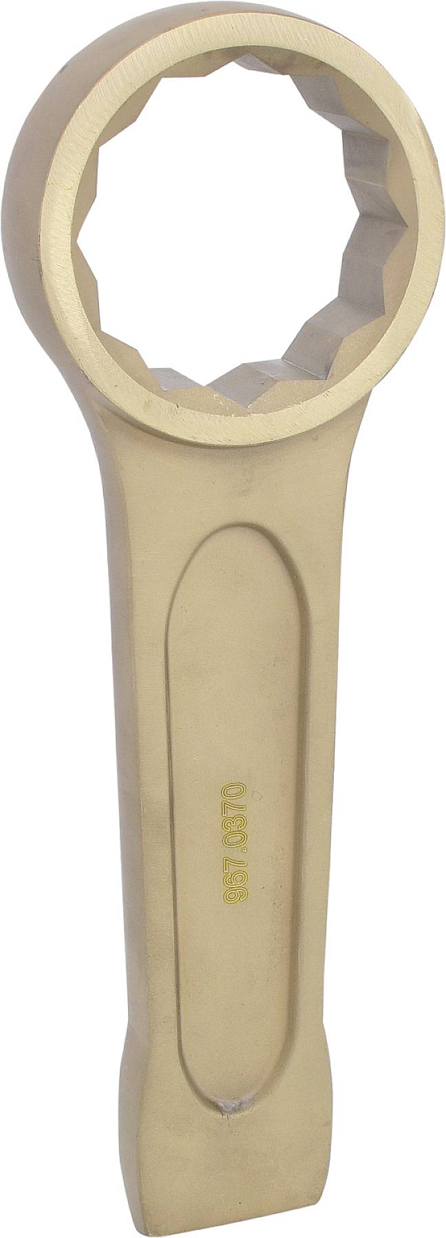 Ein goldener gekröpfter Ringschlüssel mit mehreren Kanten, verwendet zum Anziehen oder Lösen von Muttern und Schrauben.