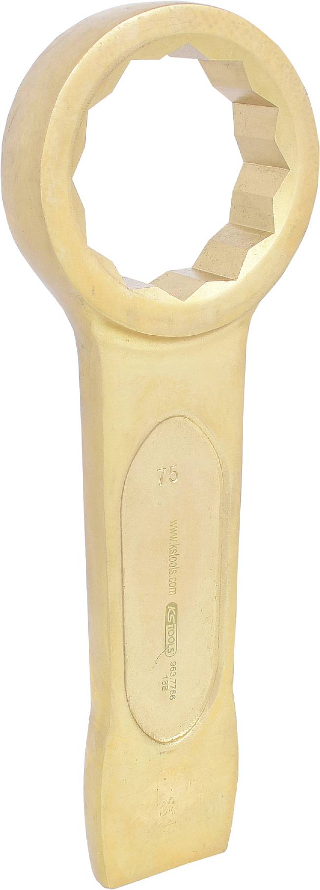 Großer, massiver Ringschlüssel aus Metall mit Sechskant-Öffnung, geeignet für industrielle Anwendungen.