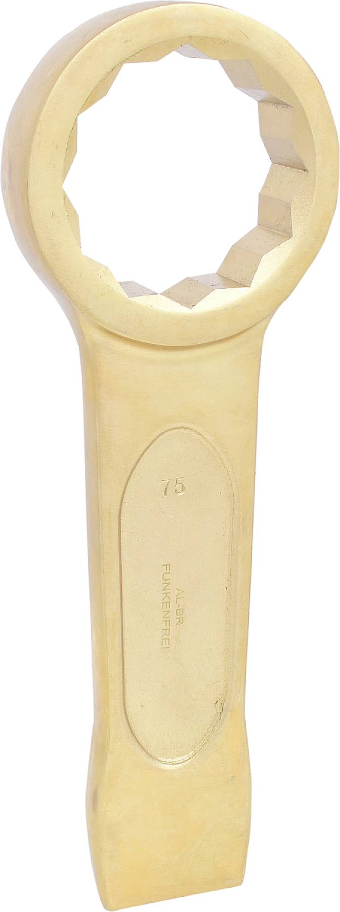 Ein großer, handförmiger Schraubenschlüssel aus Metall, golden; geeignet für schwere, industrielle Anwendungen.