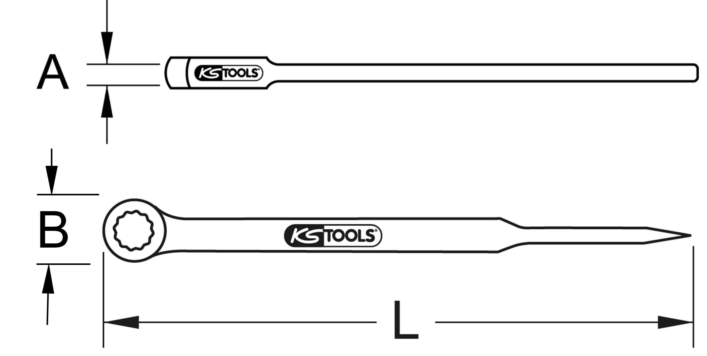 Schwarz-Weiß-Zeichnung eines KS Tools Schlüssels mit Maßen: A (Breite) und B (Höhe), Länge L, zeigt Seiten- und Draufsicht.