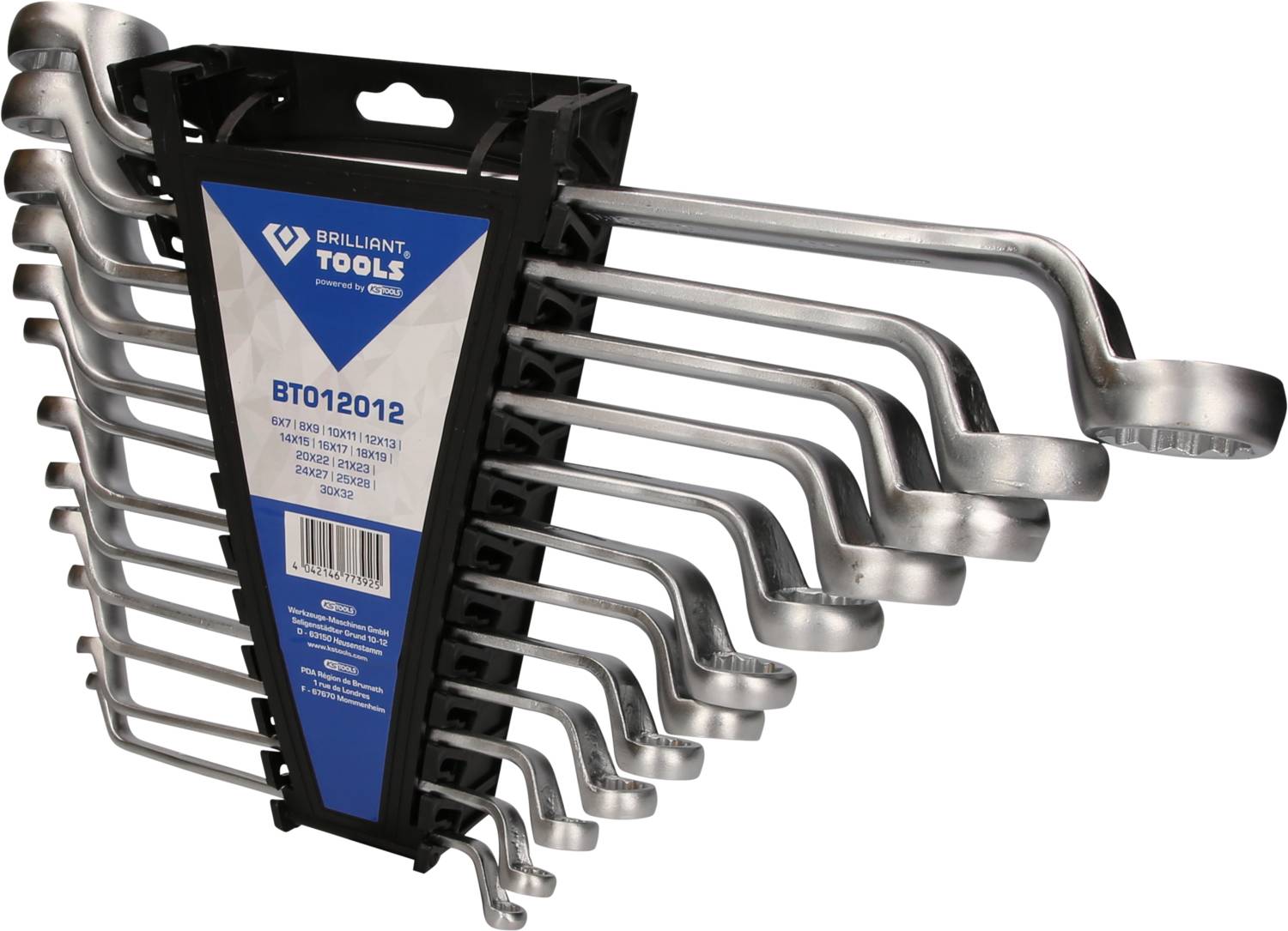 Satz aus geschwungenen Schraubenschlüsseln in aufsteigender Größe auf einem Halter, Marke Brilliant Tools.