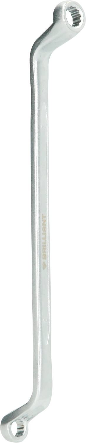 Ein silberner Ringmaulschlüssel mit zwei offenen Enden, die in entgegengesetzte Richtungen gebogen sind.