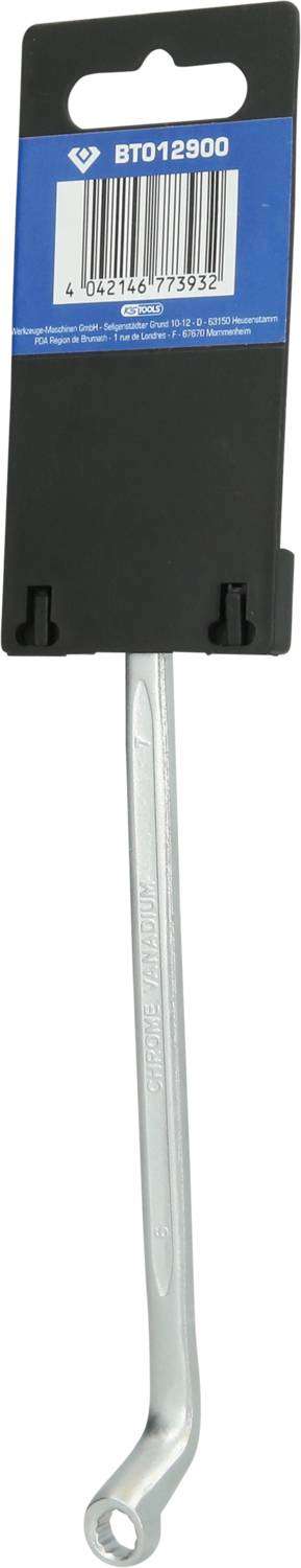 Werkzeug: Ein silberner Schraubenschlüssel in einer Halterung mit der Aufschrift 'BT012900'. Verpackung in Schwarz und Blau.