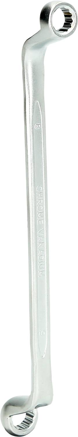 Ein doppelendiger Ringschlüssel aus Metall, der zur Befestigung oder Lockerung von Schrauben und Muttern verwendet wird.