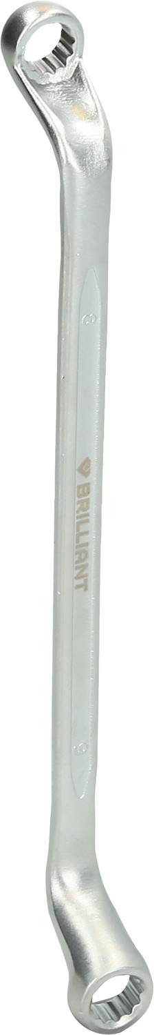 Ein silberner, doppelendiger Ringschlüssel mit gebogenem Schaft, zum Anziehen oder Lösen von Schrauben und Muttern.