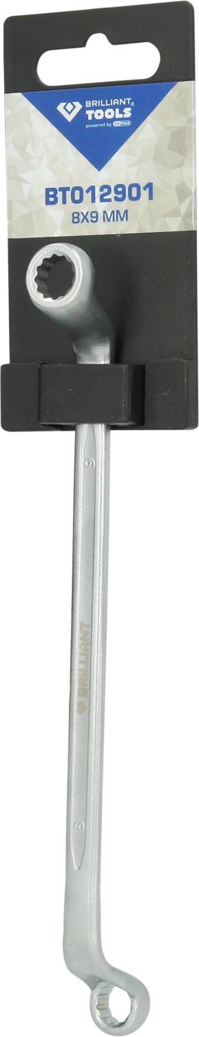 Ein silberner Maulschlüssel mit flexibler Ratschenöffnung und Verpackungsetikett, auf dem 'BT012901 8x9 MM' steht.