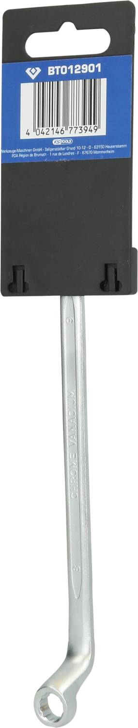 Doppelringschlüssel in metallischer Ausführung, aufgehängt an einer schwarzen Halterung mit blauem Etikett und Barcode oben.