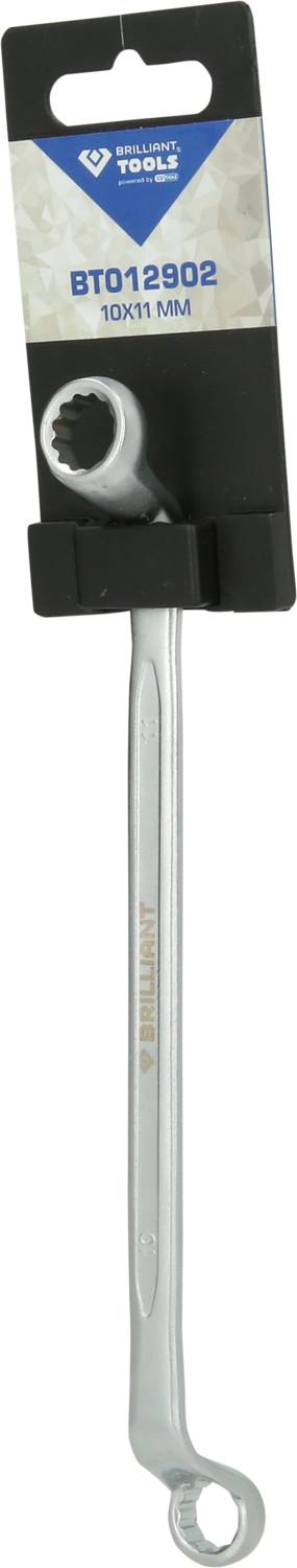 Ein silberner Schraubenschlüssel in einer Verpackung. Der Schlüssel hat ein offenes und ein ringförmiges Ende.