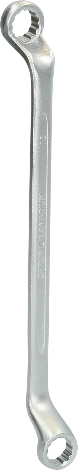 Ein silberner Ringschlüssel mit zwei unterschiedlich großen, sechskantigen Enden.