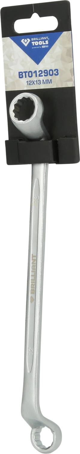 Ein silberner Ringschlüssel mit der Aufschrift '12X13 mm', verpackt in einem schwarzen Halter mit Firmenlogo und Produktnummer.