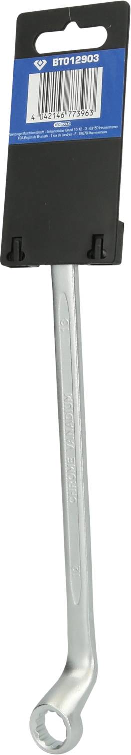 Ein silberner Schraubenschlüssel in einer schwarzen Halterung, mit einem blauen Etikett und einem Barcode darauf.