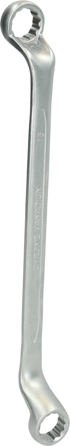 Ein silberner Doppelringschlüssel, leicht gebogen, zum Anziehen und Lösen von Schraubverbindungen.