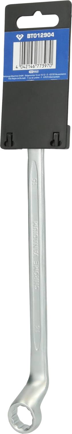 Ein verchromter Schraubenschlüssel mit seiner Halterung. Oben ist ein blaues Etikett mit einem Barcode.