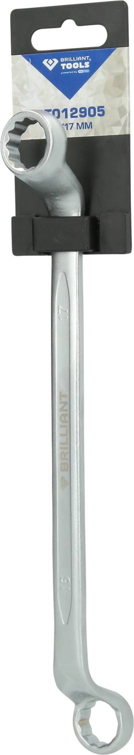 Ein silberner Maulschlüssel mit einer Größe von 17 mm, eingepackt in einer schwarzen Halterung mit blauem Etikett oben.