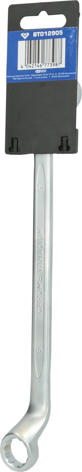 Doppelmaulschlüssel aus Chrom-Vanadium-Stahl. Verpackung zeigt Barcode und Produktinformationen.