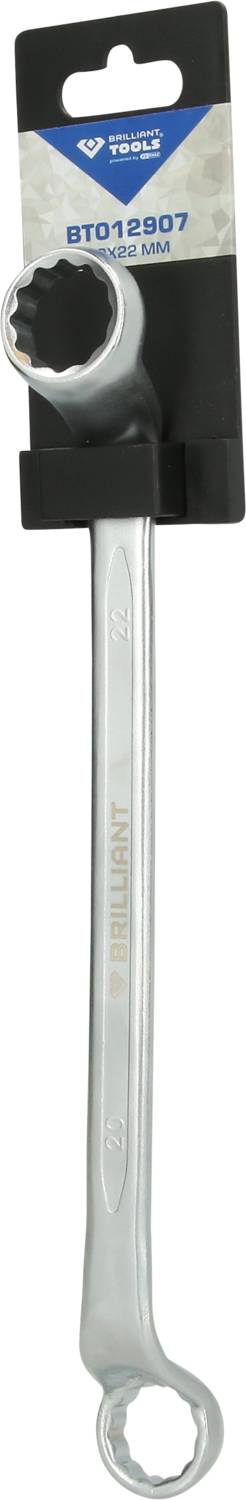 Doppelringschlüssel in Verpackung, markiert mit 'BT012807' und Größe '17 x 19 mm'. Silberfarbenes Metall, mit Werkzeugmarke oben.