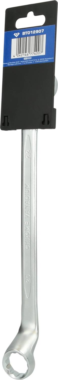 Ein silberner Ringschlüssel mit einer blauen Verpackung, die einen Barcode und eine Produktnummer zeigt. Werkzeug für Mechanikarbeiten.