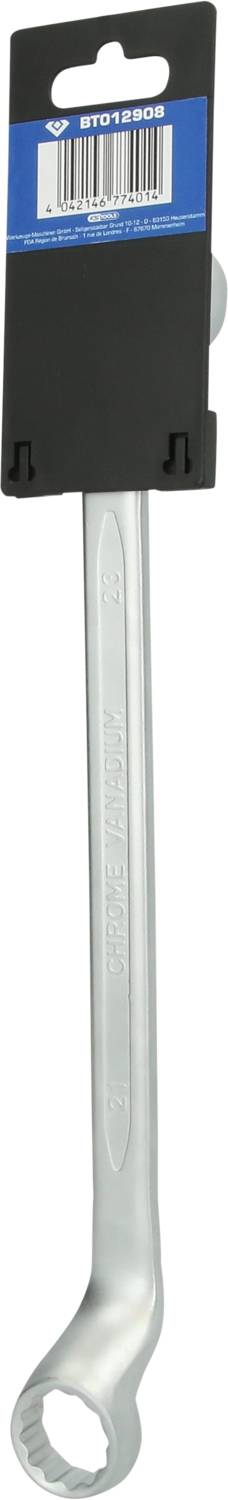 Eine silberne Ringmaulschlüssel, an einer schwarzen Halterung mit einem blauen Etikett befestigt; für handwerkliche Arbeiten geeignet.