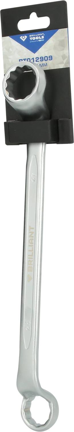 Ein silberner Stirnlochschlüssel in einer schwarzen Verpackung mit blauem Etikett.