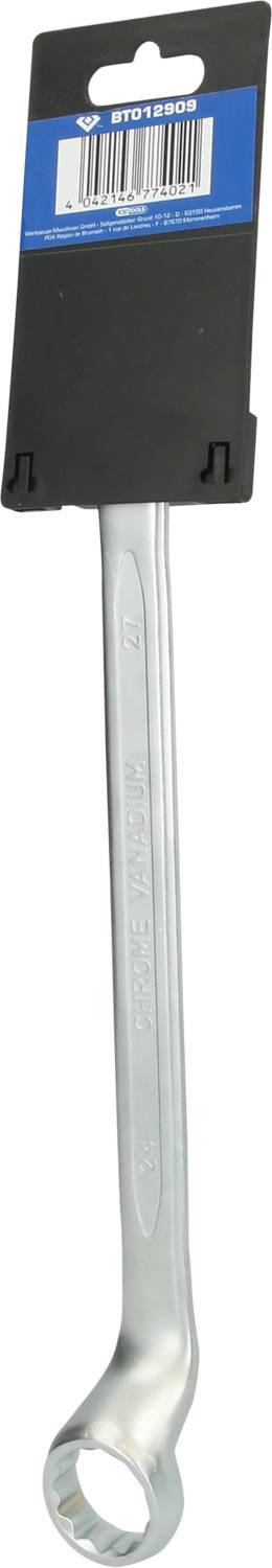 Ein silberner Ringschlüssel hängt an einer schwarzen Kunststoffhalterung mit blauem Etikett.