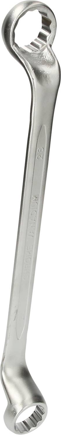 Ein silberner Ringschlüssel mit zwei unterschiedlich großen Enden, verwendet zum Anziehen oder Lösen von Schrauben oder Muttern.