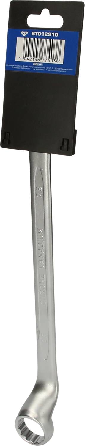 Ein silberner Ringschlüssel im Verpackungshalter mit Barcode und schwarzem Hintergrund. Werkzeug ist für Heimwerkerarbeiten geeignet.