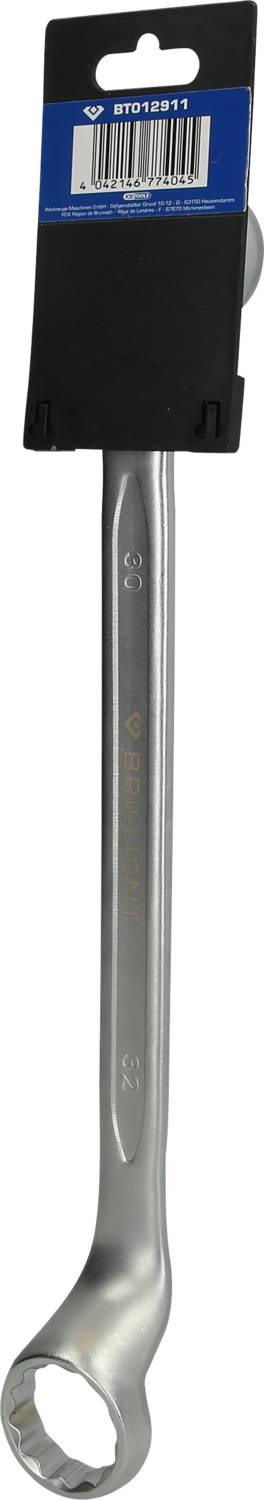 Ein silberner Schraubenschlüssel mit Ring und Maul, befestigt an einer blauen Verpackung.