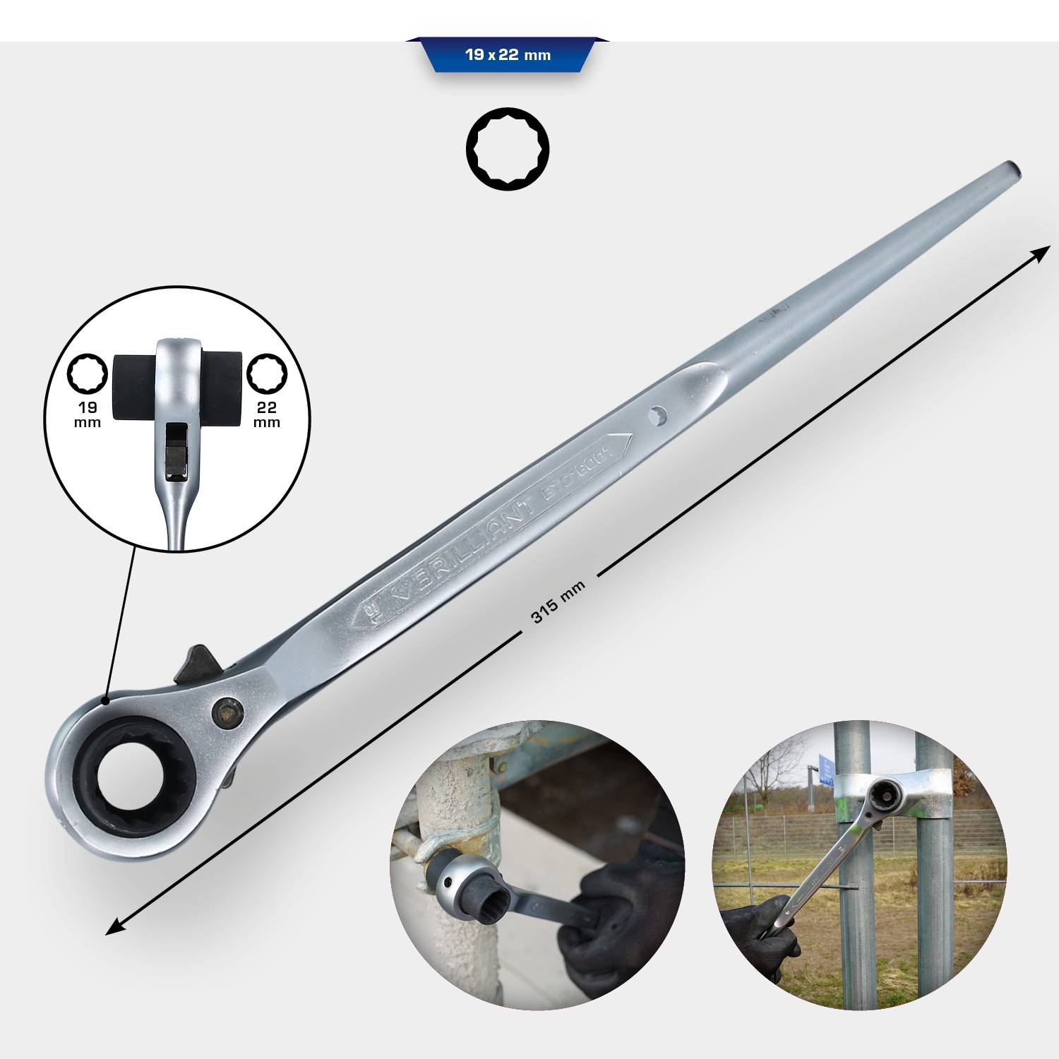 Ein 375 mm langer Ratschenringschlüssel mit zwei Endgrößen: 19 mm und 22 mm. Unten sind Bilder der Anwendung an einem Metallpfosten.