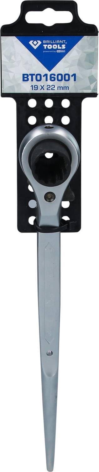 Doppelmaulschlüssel mit Ratschenmechanismus, Größe 19 x 22 mm, in schwarzer Verpackung mit metallischem Werkzeug dargestellten.