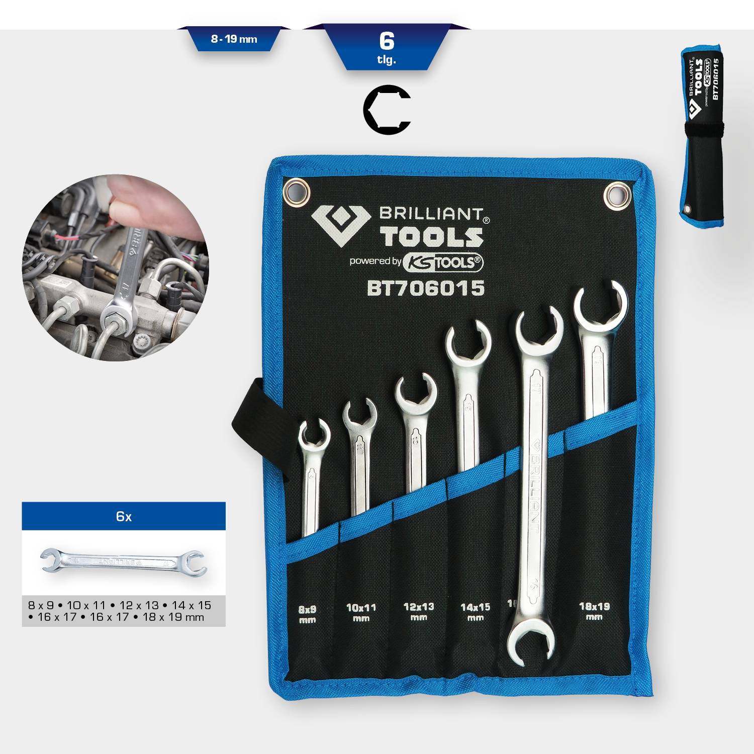 Ein Set von sechs Gabelschlüsseln in unterschiedlichen Größen (8-19 mm) in einer blauen und schwarzen Stofftasche, markiert als 'BRILLIANT TOOLS'. Oben rechts ist ein Schraubendreher abgebildet.