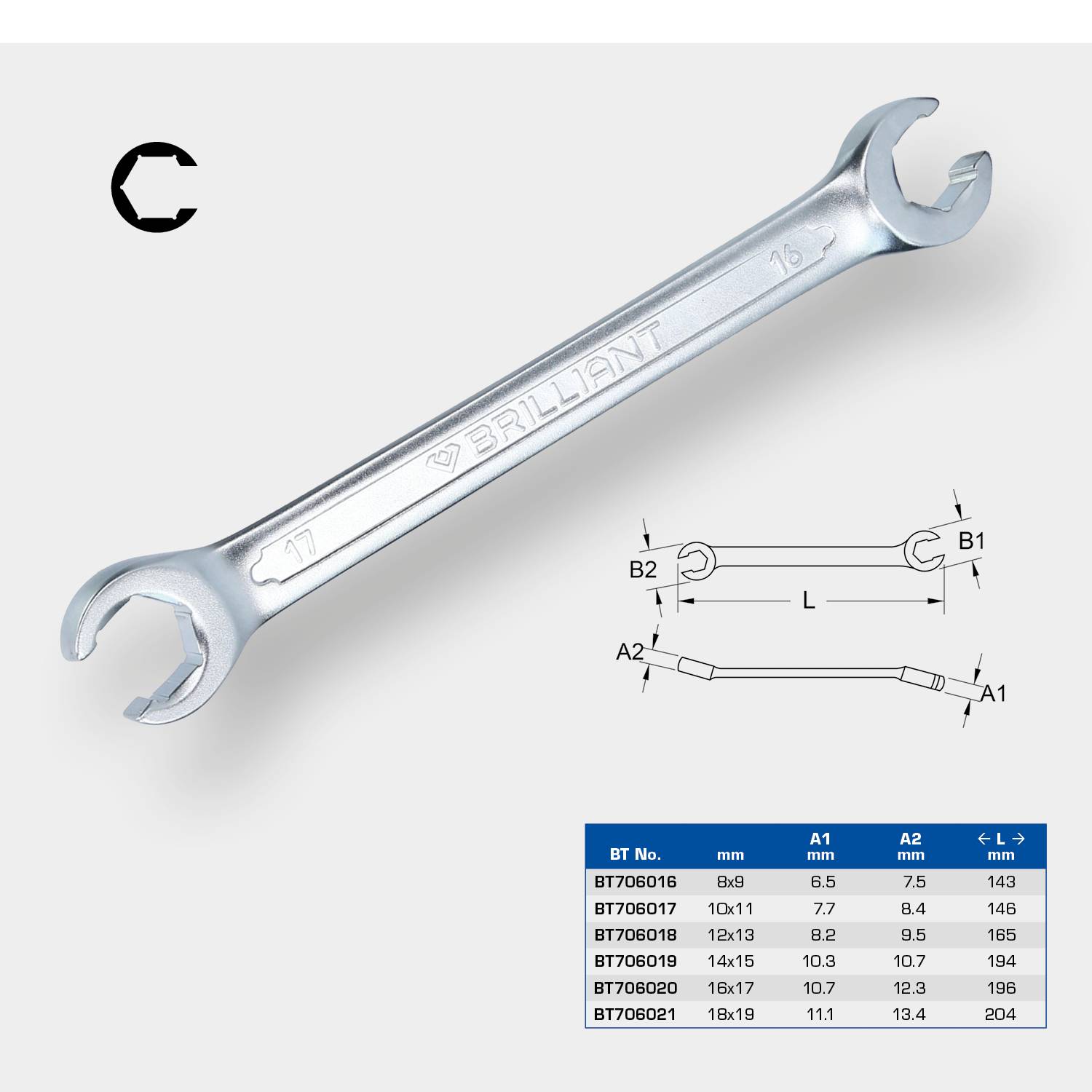 'Brilliant'-Schraubenschlüssel, 11 mm, mit Abbildung eines technischen Diagramms, das Schlüsselmaße A1, A2, und L zeigt.