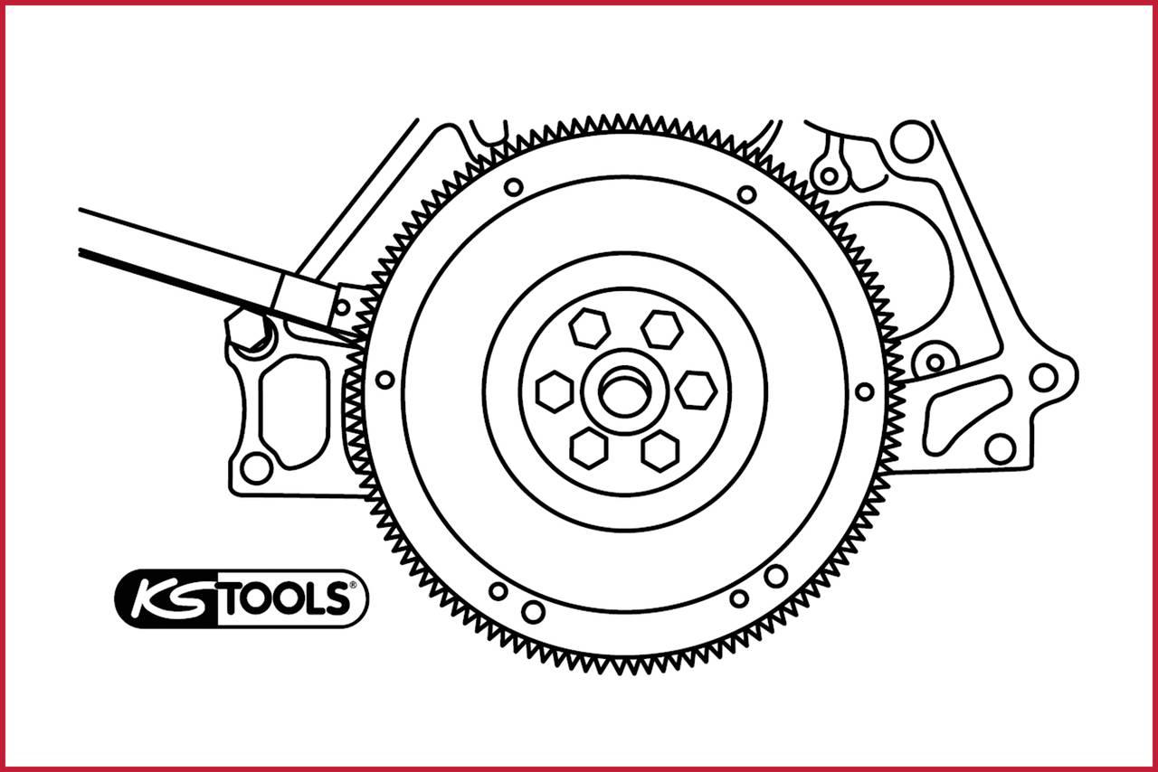 Illustration eines Schwungrads an einem Motorblock. Logo der Marke 'KS TOOLS' unten links.