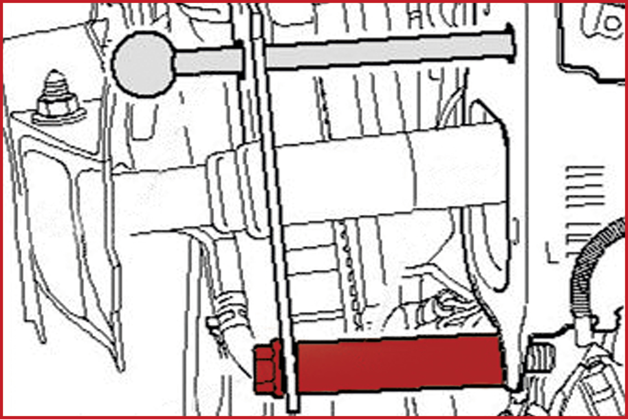 Zeichnung zeigt eine Fahrzeugaufhängung und eine Schraube, die rot hervorgehoben ist, um ihre Position am Mechanismus zu verdeutlichen.
