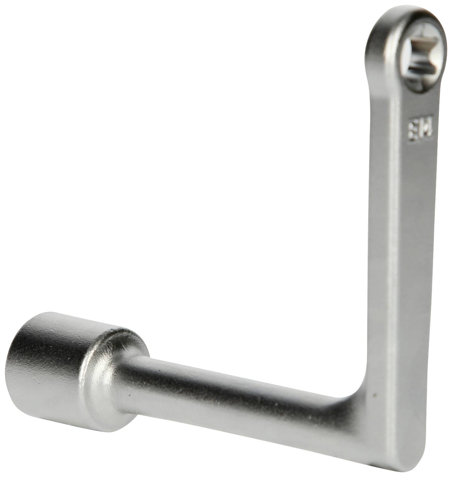 Silberner Metallstift mit um 90 Grad abgewinkeltem Griff und sechseckiger Schraubenaufnahme.