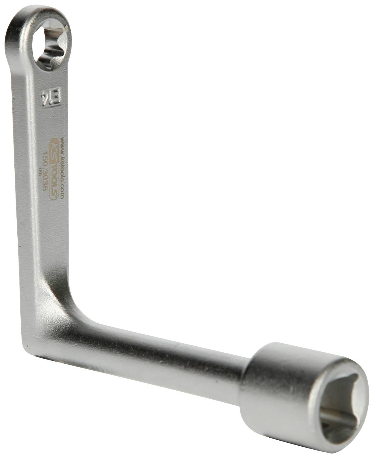 Ein versilberter Winkelschlüssel mit einem Sechskant an einem Ende und einem Ringschlüssel am anderen, geeignet für mechanische Arbeiten.