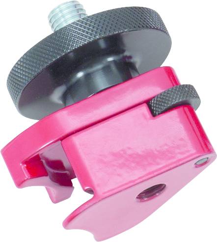 Rotes mechanisches Gerät mit schwarzem, gerändeltem Drehknopf und silbernem Gewinde. Möglicherweise eine Vorrichtung zum Einstellen oder Fixieren.