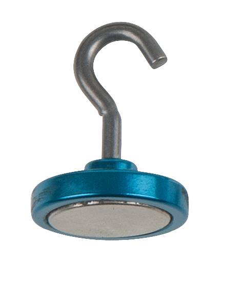 Blauer Magnet mit Haken, nützlich zur Befestigung von Gegenständen an metallischen Oberflächen.