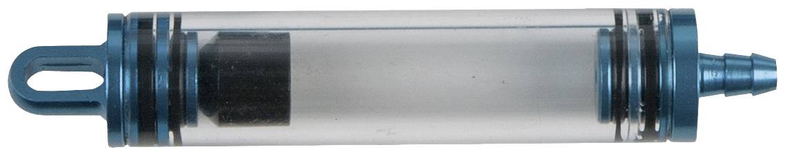 Ein transparenter Wasserfilter mit blauen Enden, horizontal ausgerichtet.