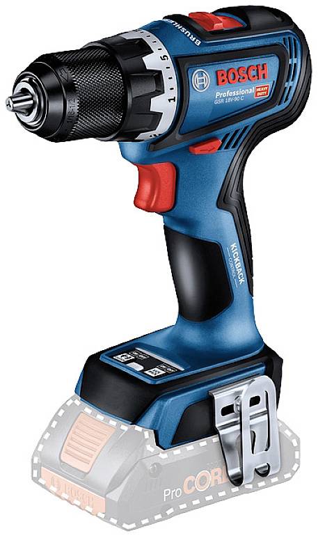 Ein blau-schwarzer Akkubohrschrauber mit rotem Akzent, Marke 'Bosch Professional'. Er verfügt über einen ergonomischen Griff und Metallclip.