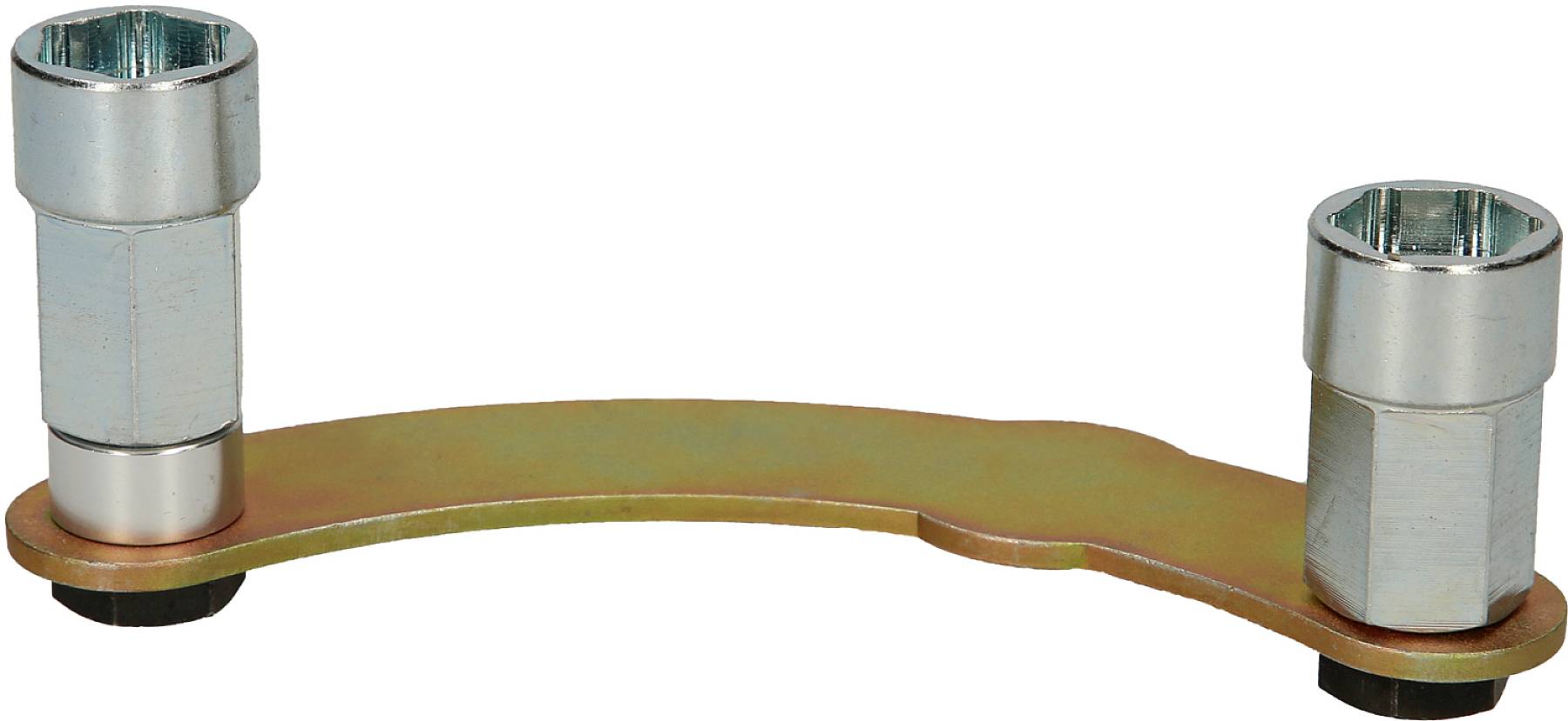 Ein verstellbarer Zweilochschlüssel mit zwei silbernen Bolzen auf einer goldenen Halterung, zur Anwendung in Maschinenbauarbeiten.